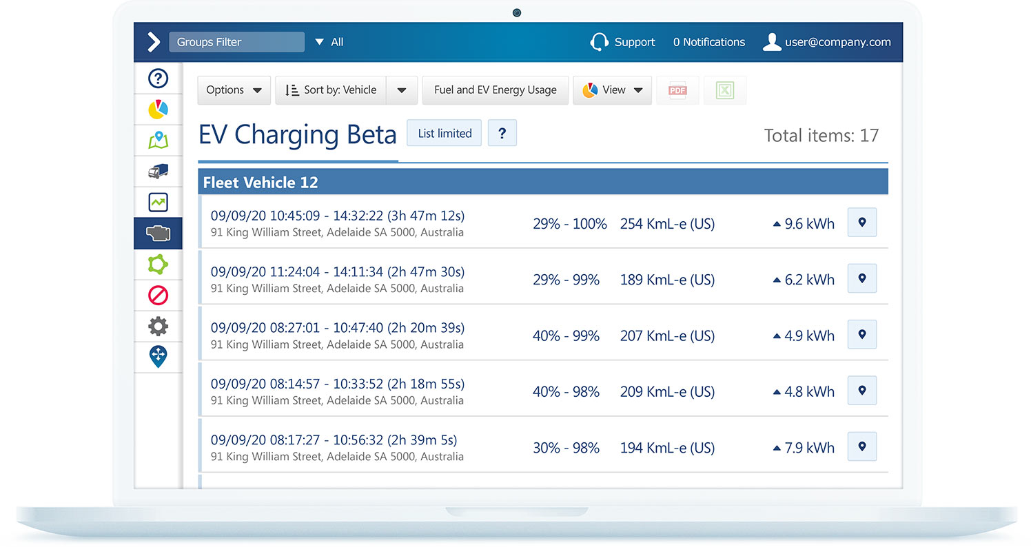 EV charging report on MyGeotab interface
