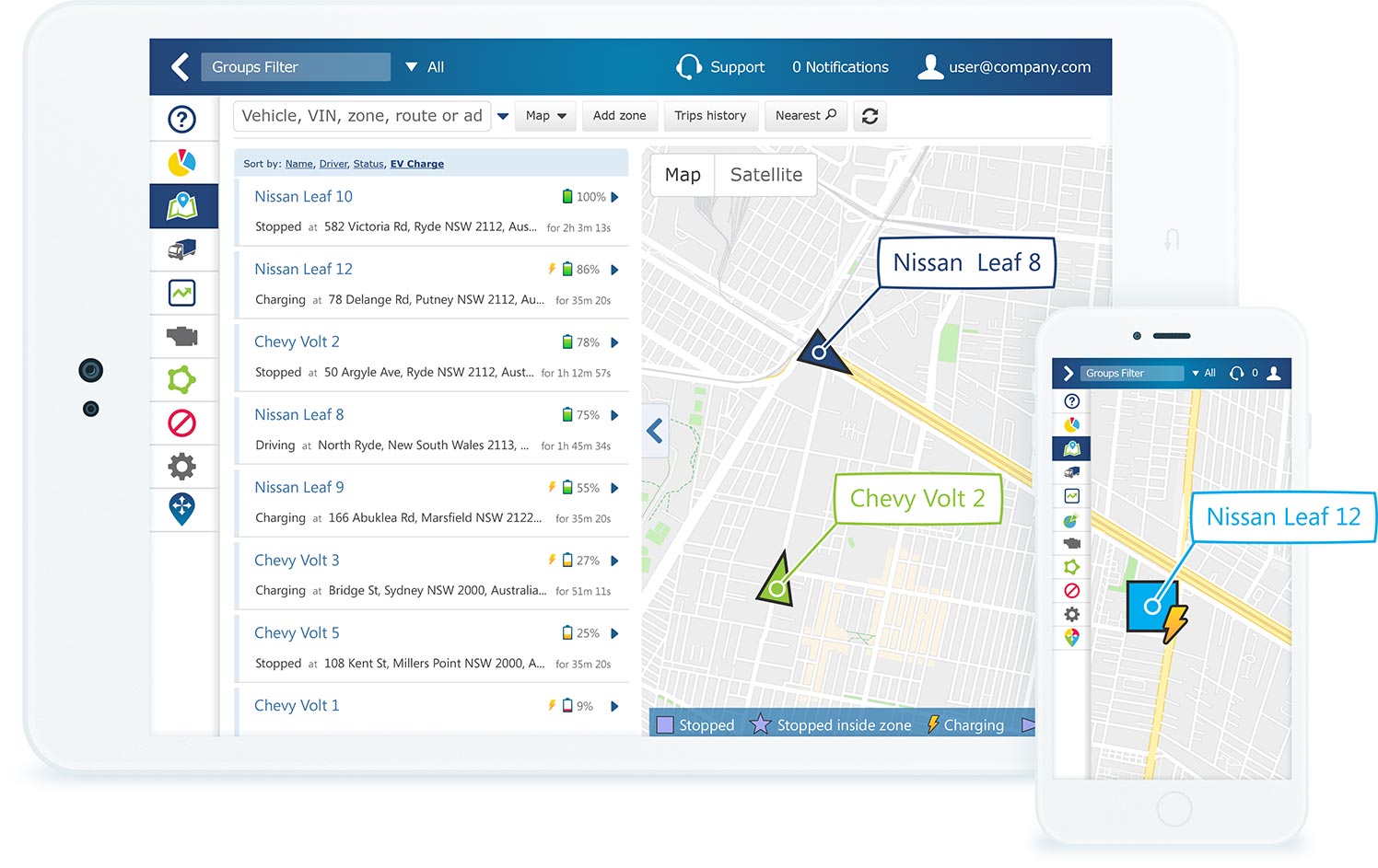 EVs shown on a map in MyGeotab interface on white tablet and mobile phone