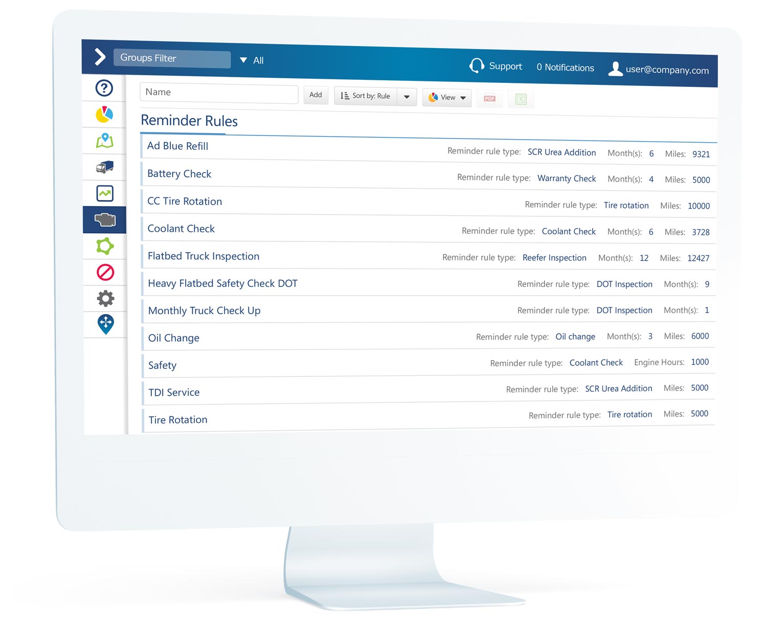 Fleet maintenance MyGeotab UI on a desktop
