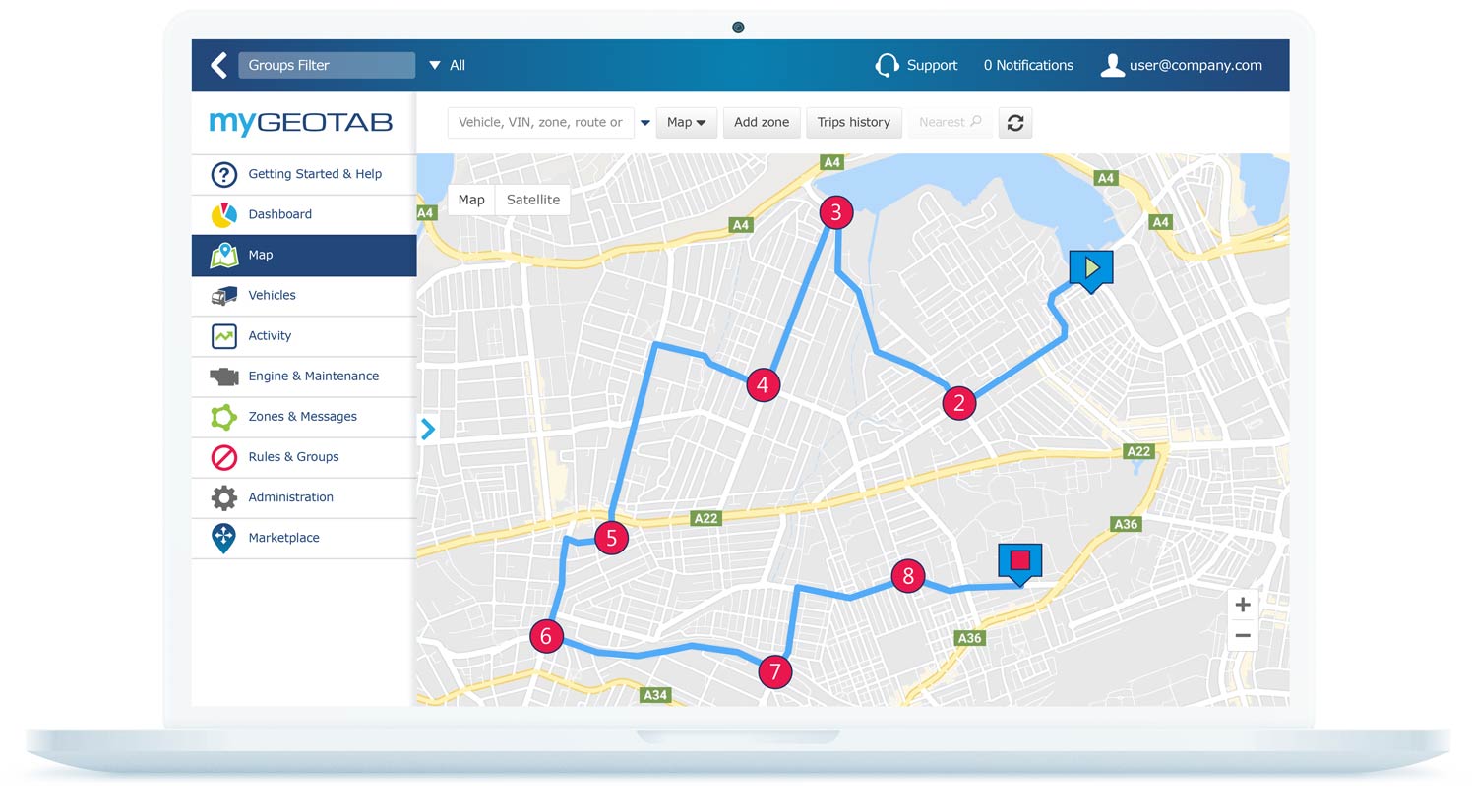 Routing and dispatching UI on a white laptop