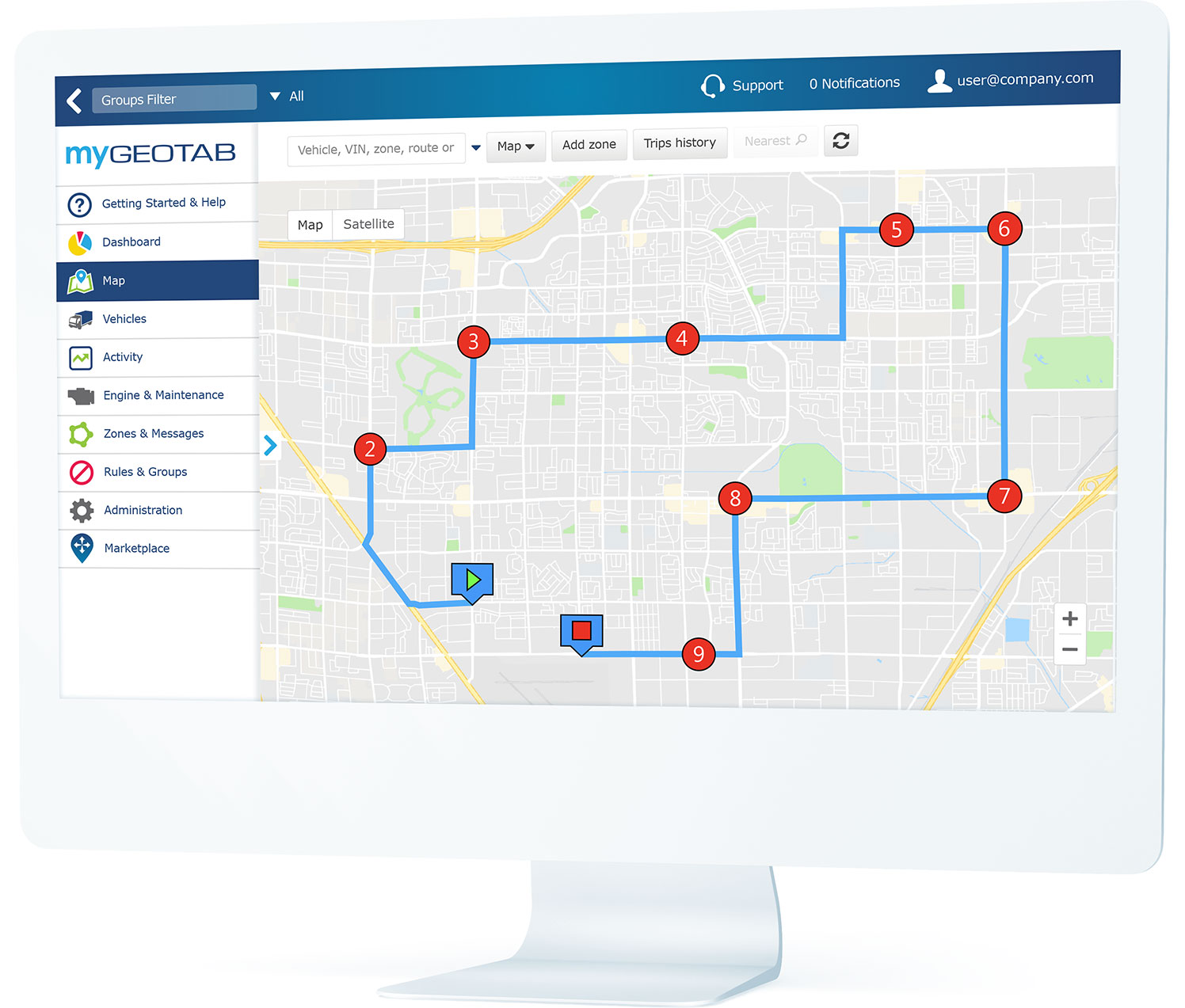 MyGeotab routing/dispatching UI on a desktop