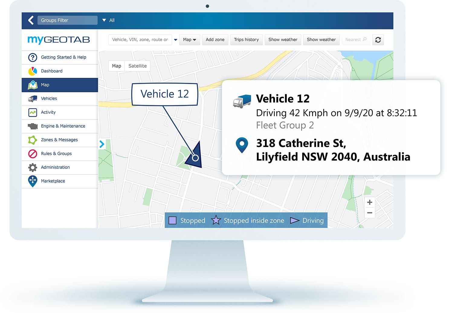 Tracking dashboard in MyGeotab UI on desktop screen