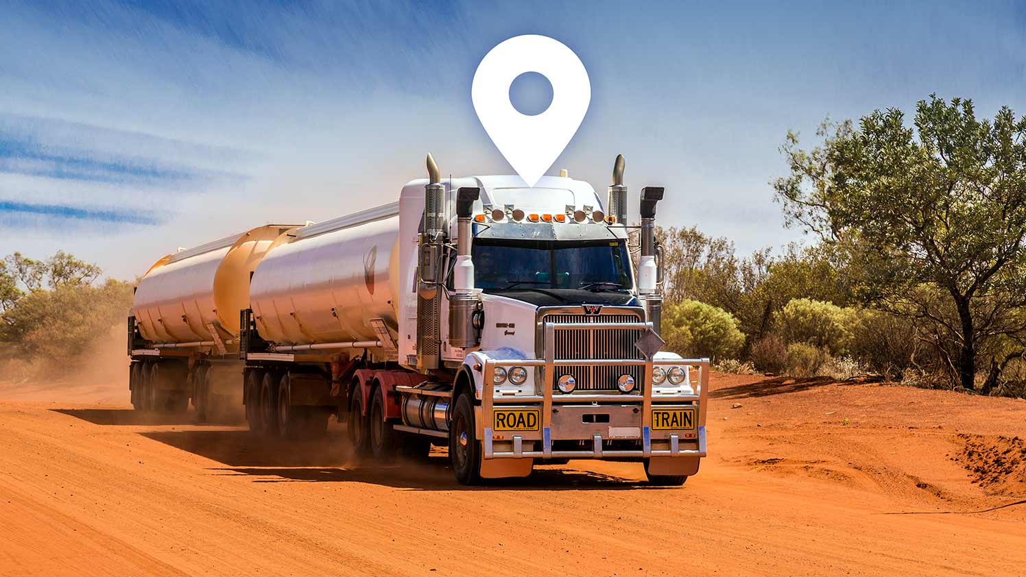 Image of vehicle in australian outback with GPS pin hovering over top