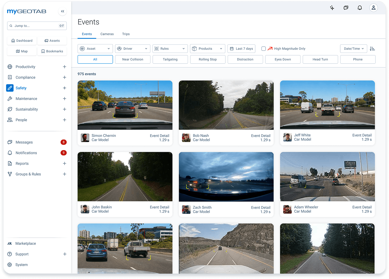 MyGeotab video coaching events dashboard