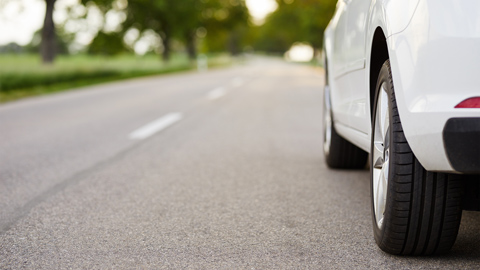 Voiture blanche sur une route près d'un parc