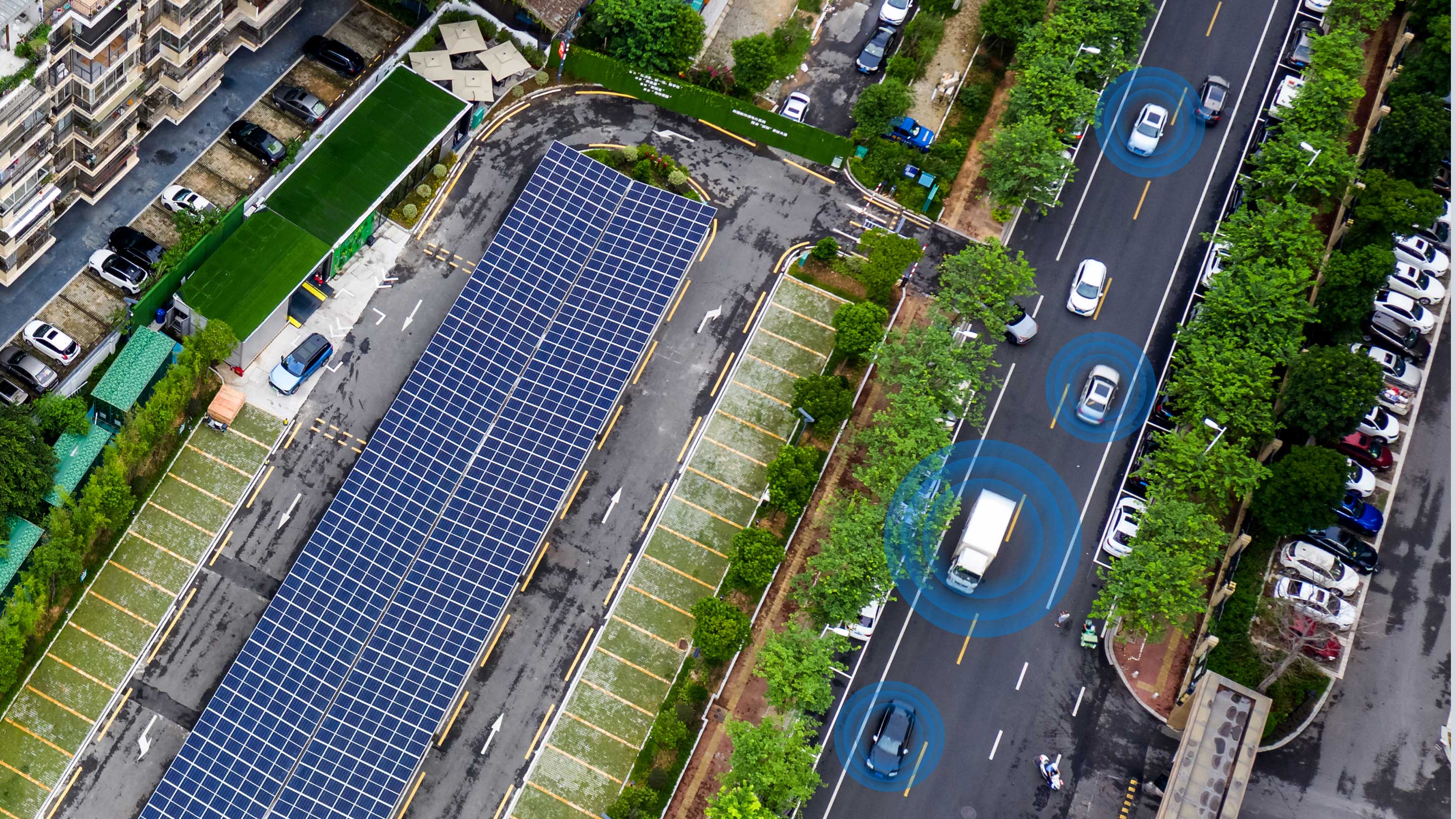 Parking lot with solar panels as cover