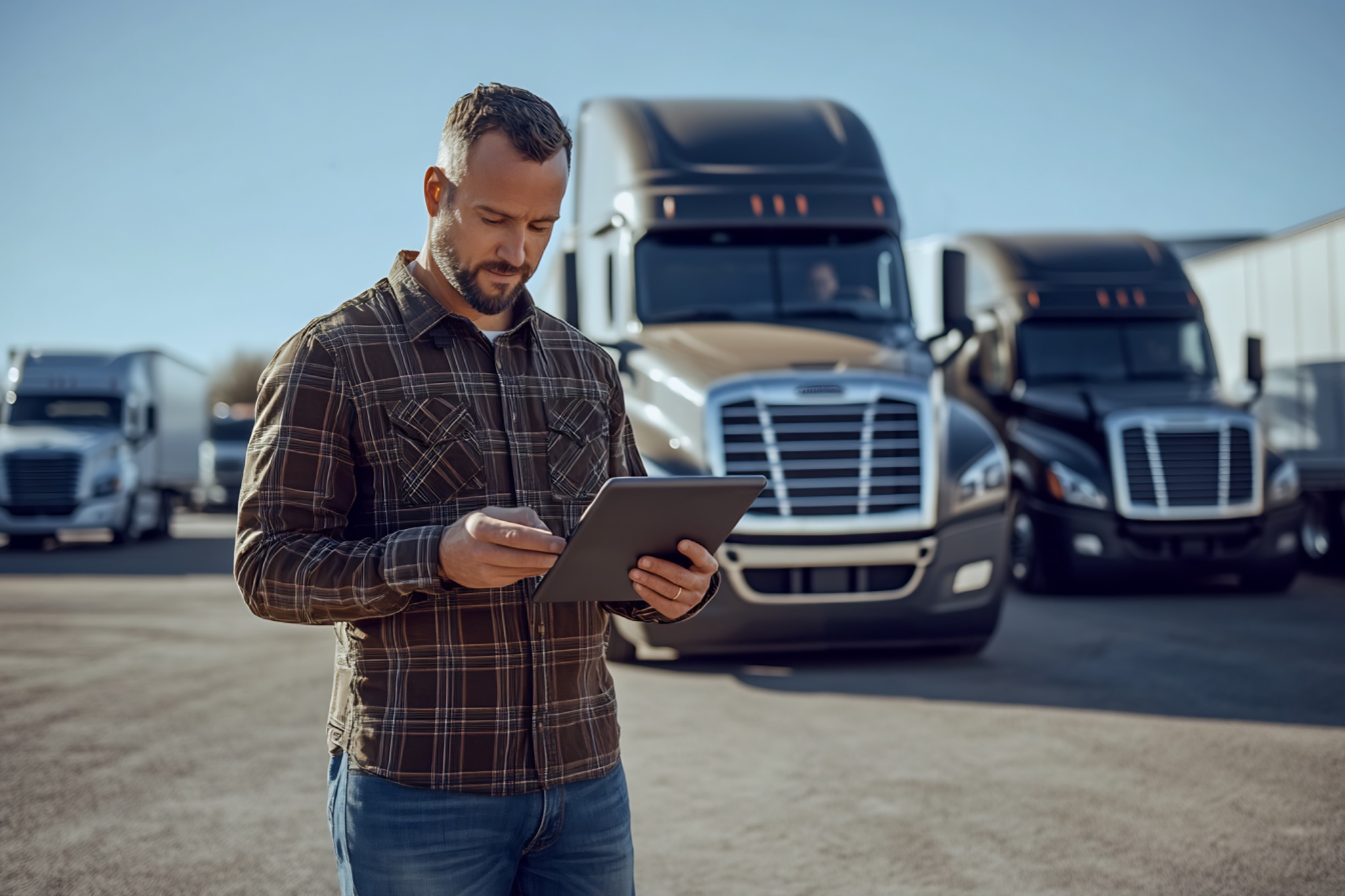 Homme consultant une tablette sur un parking de poids lourds.