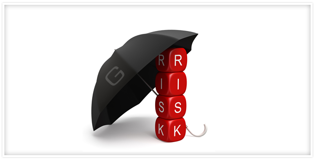 red cubes spelling out the word "risk" with a black Geotab umbrella overhead