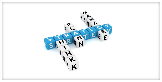 Cubes that spell out "Strategy" and then the words "think, plan and manage" from it.