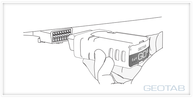Black and white outline of a Geotab GO6 being plugged into a OBD port