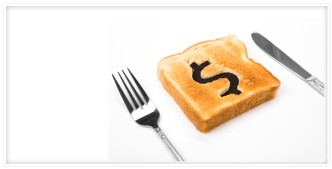 A piece of toast with a money sign on it and a fork and knife.