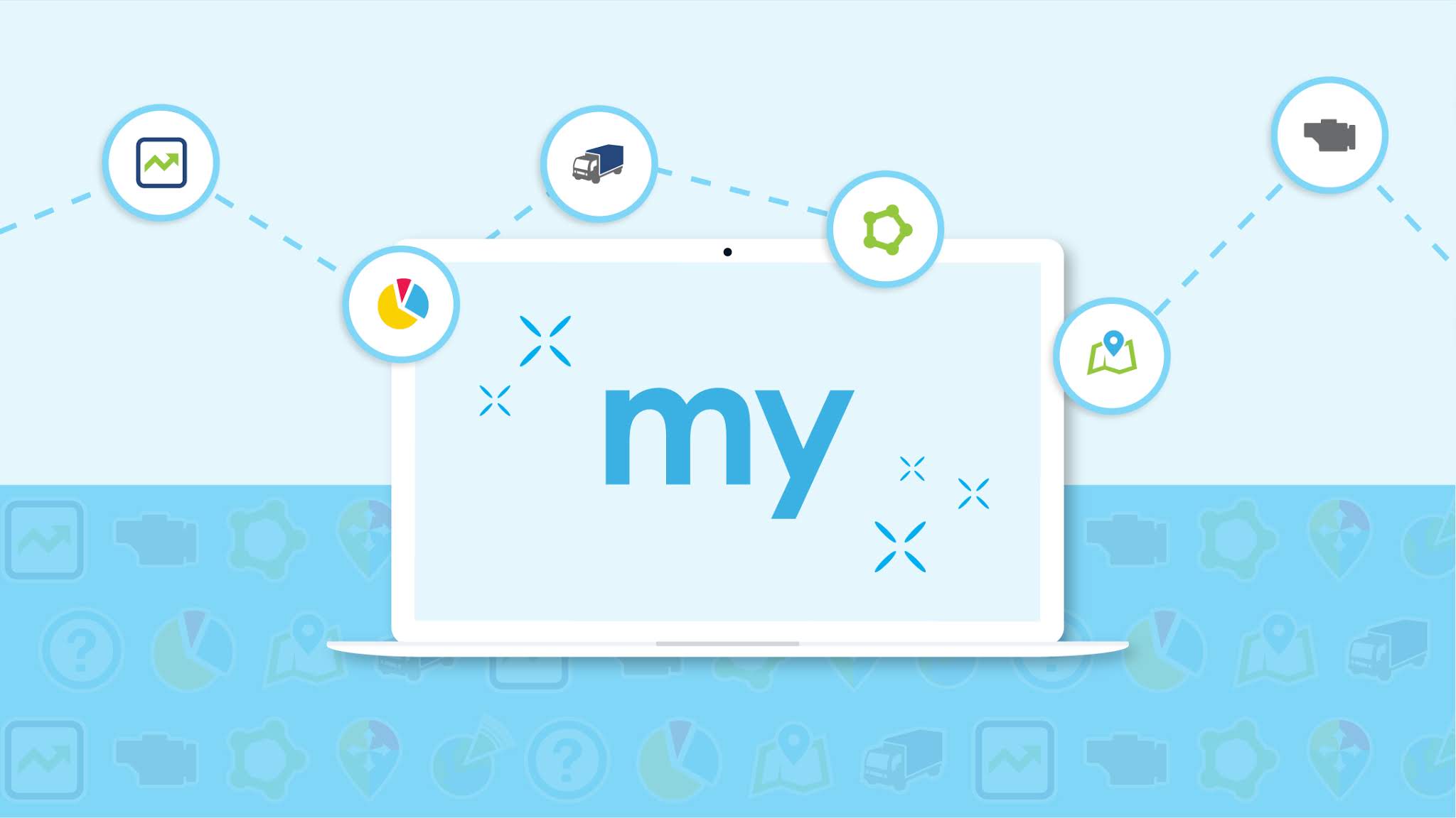 Foto de una laptop con la palabra "my" en la pantalla en fondo azul claro con iconos de transporte.