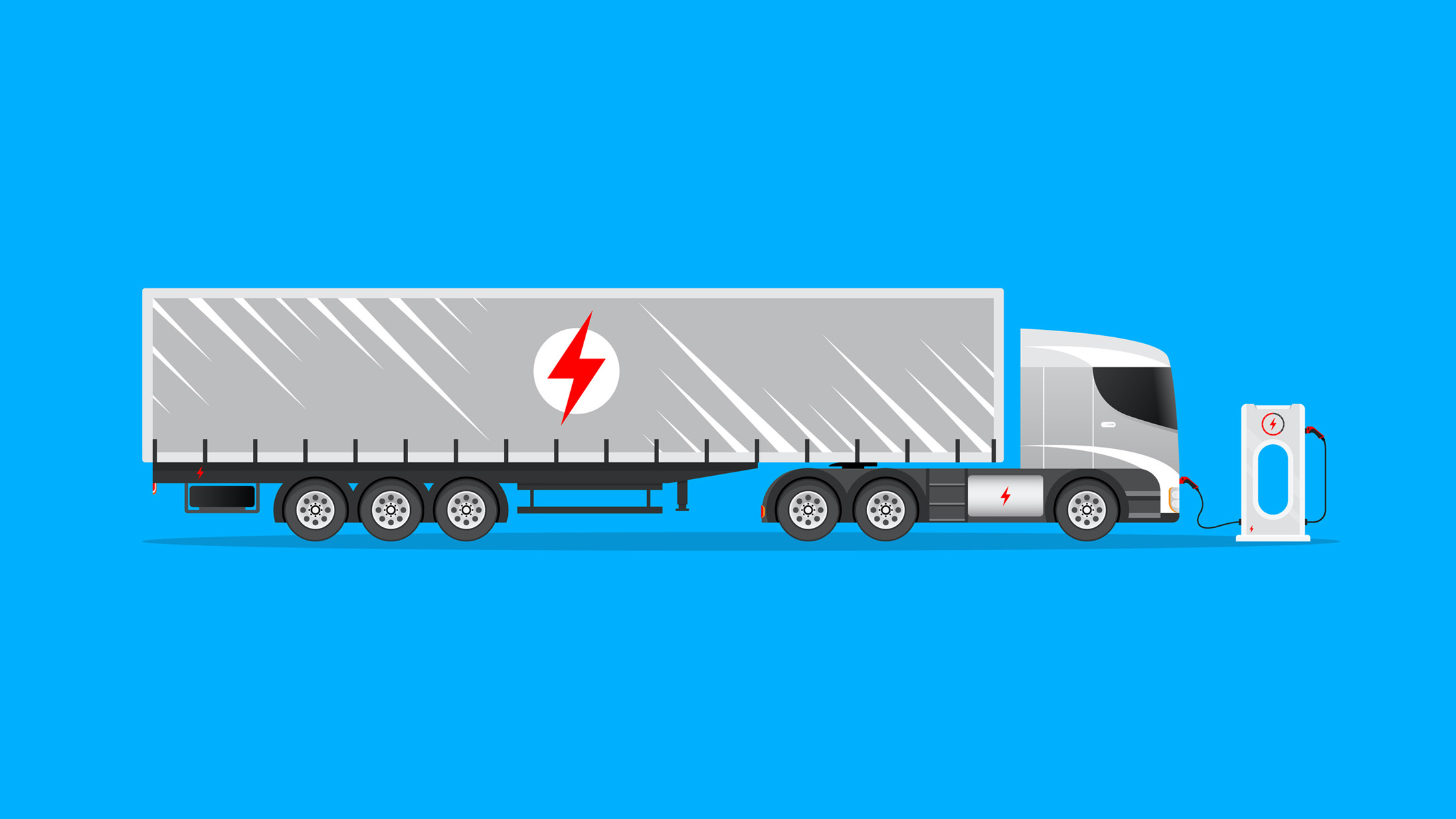 Cartoon image of an electric truck being charged at a charging station 