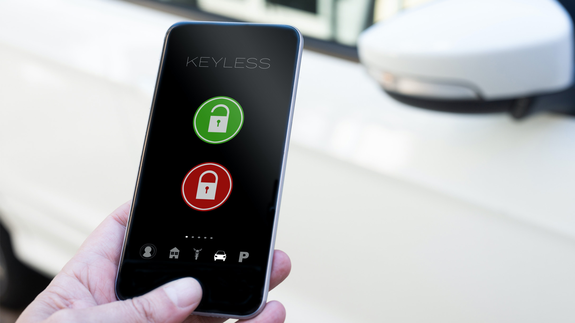 Hand holding a smartphone activating a keyless motorpooling solution