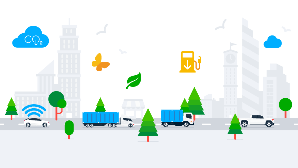 Grafik einer Stadt mit einer Verkehrssituation mit unterschiedlichen Fahrzeugen auf einer Straße, Bäumen und anderen bunten Icons.