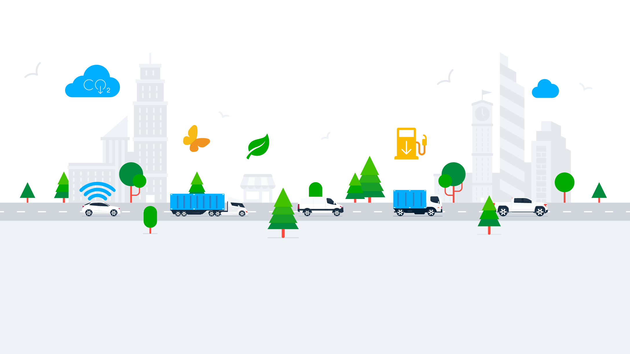 Grafik einer Stadt mit einer Verkehrssituation mit unterschiedlichen Fahrzeugen auf einer Straße, Bäumen und anderen bunten Icons.