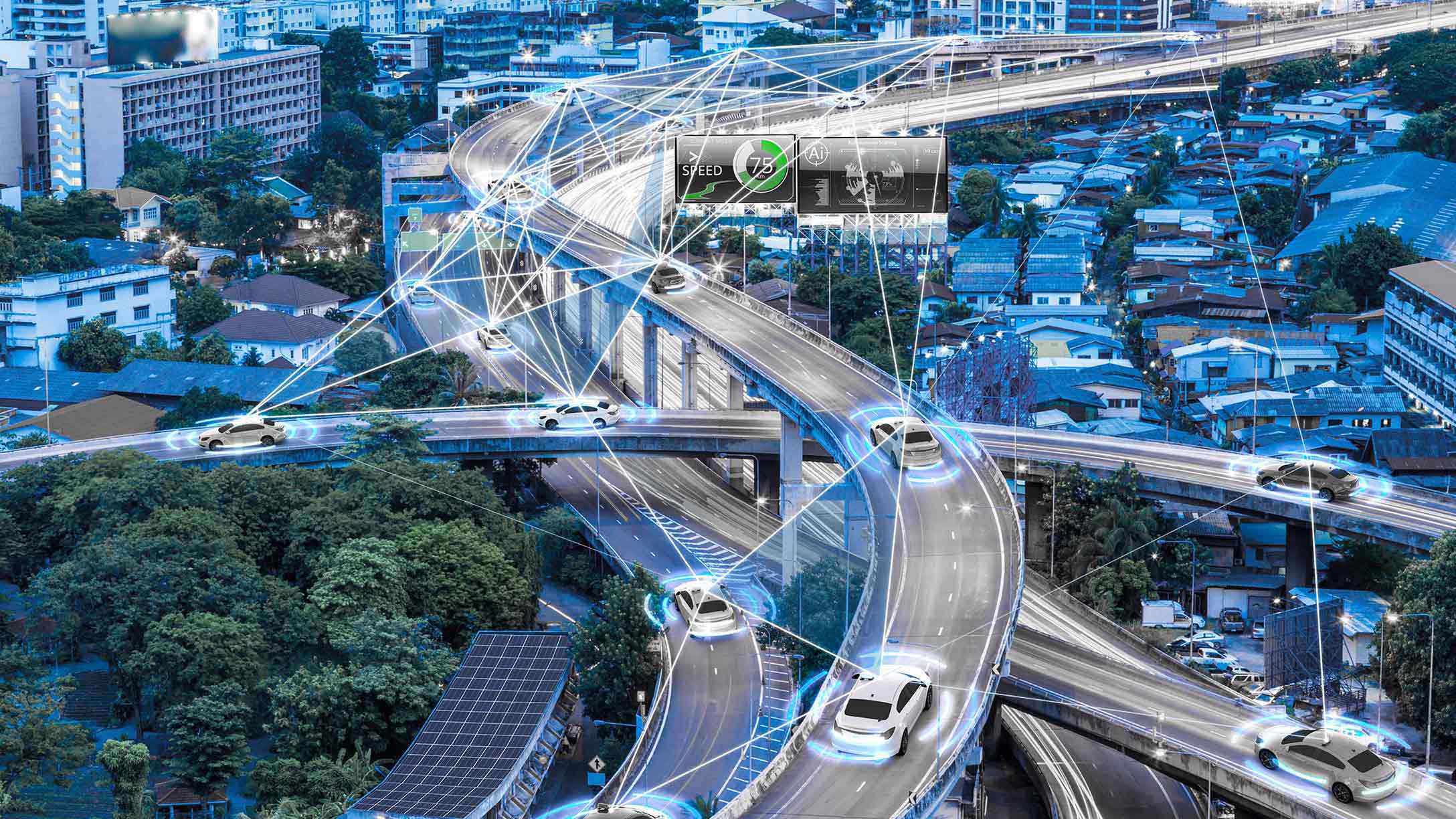 High-tech security in a city with multiple cars connected