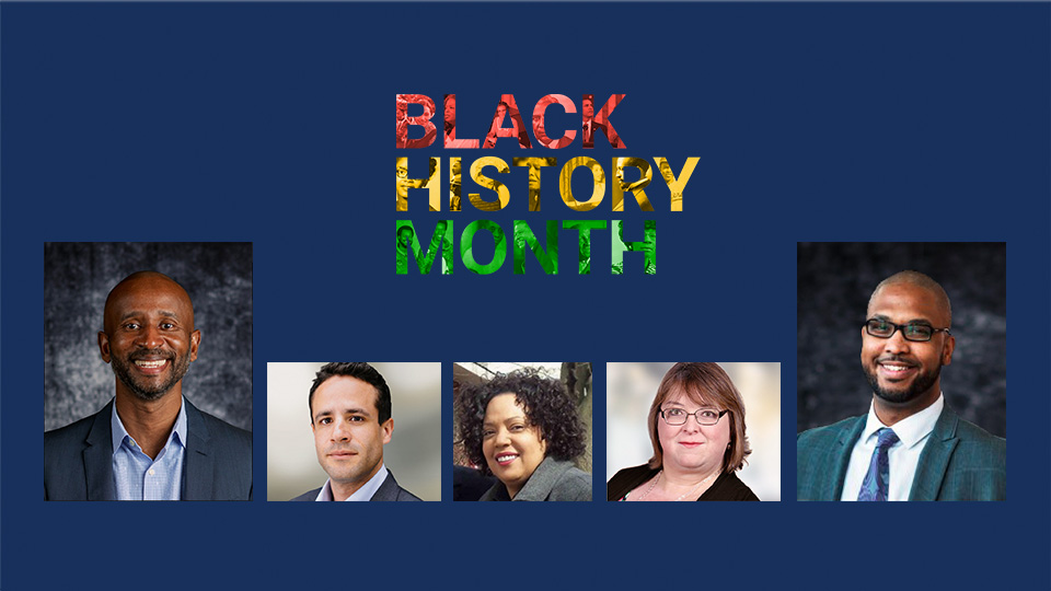 A dark blue background with Black History Month written and pictures of five Geotabbers. 