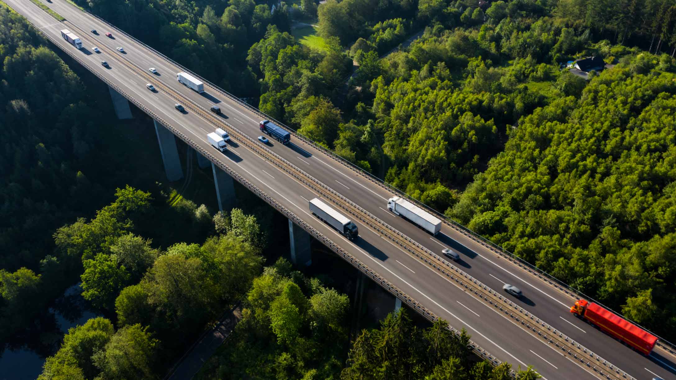 snelweg met rijdend vrachtverkeer en groene bomen