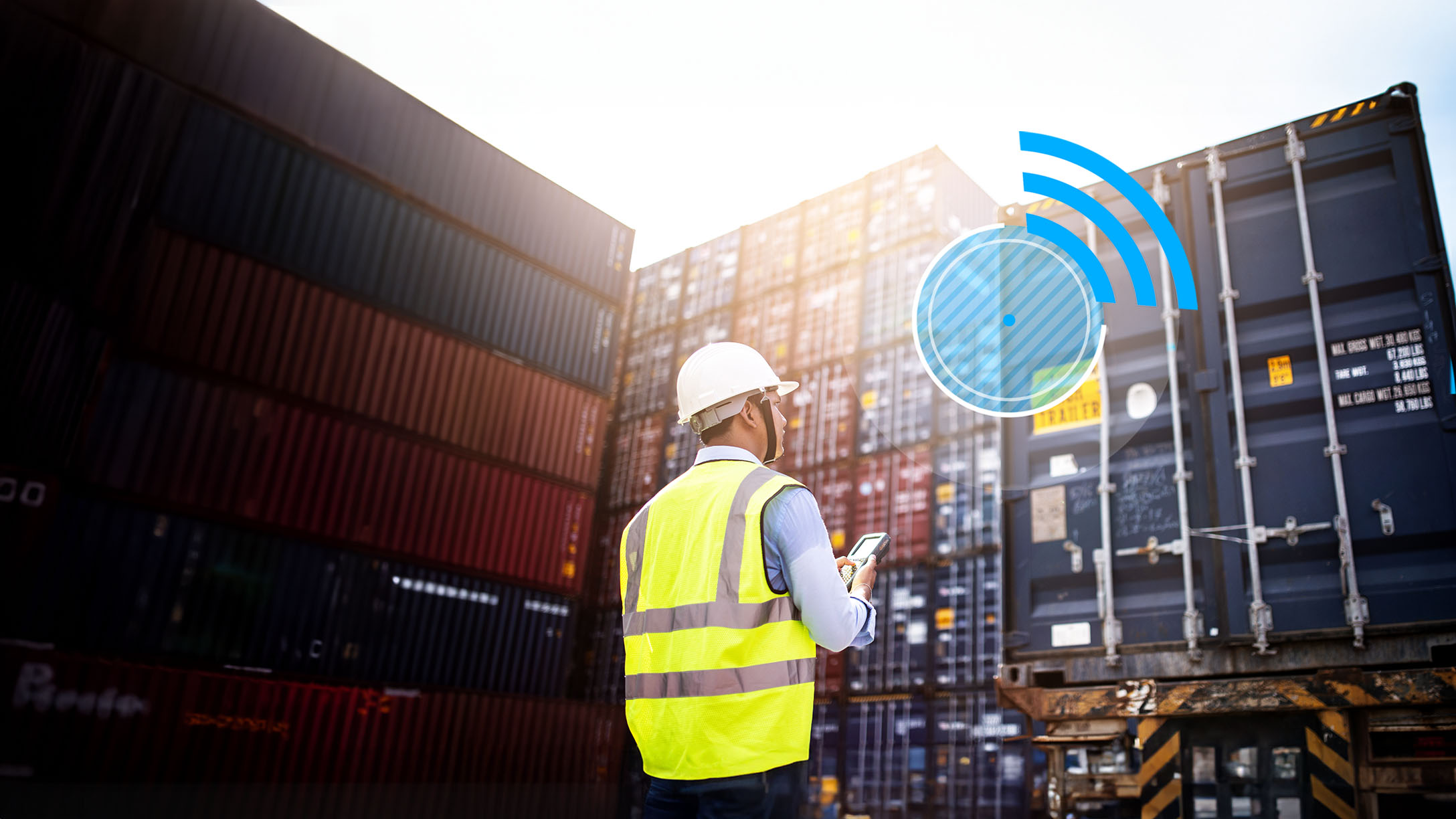 Person standing behind a container with signal illustration