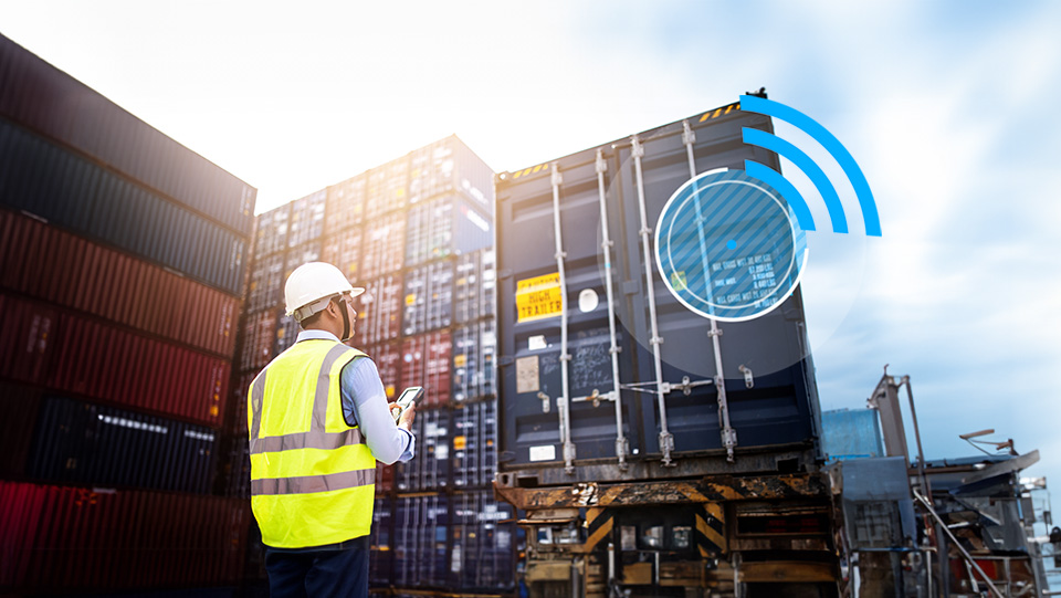 Person standing behind a container with signal illustration