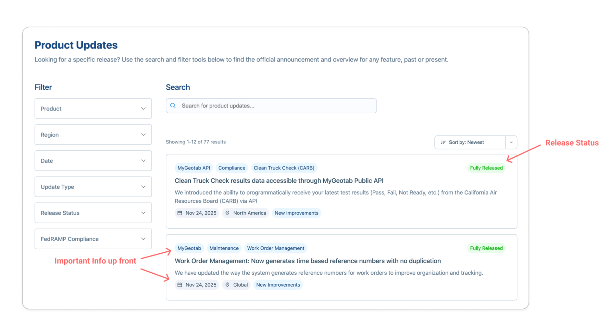 Product updates list with search and filter