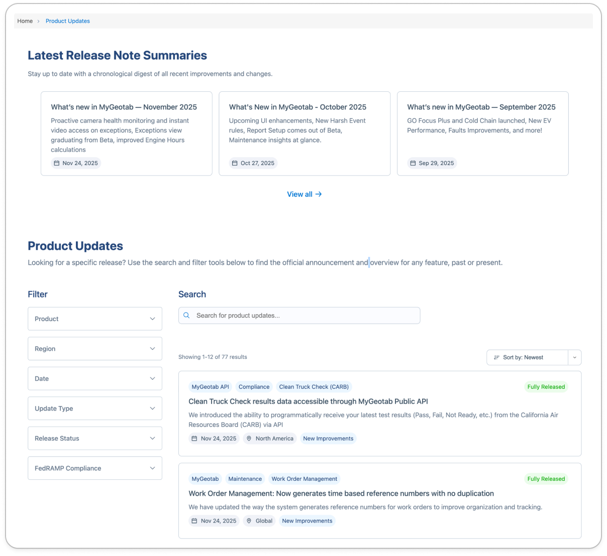 Product updates home page
