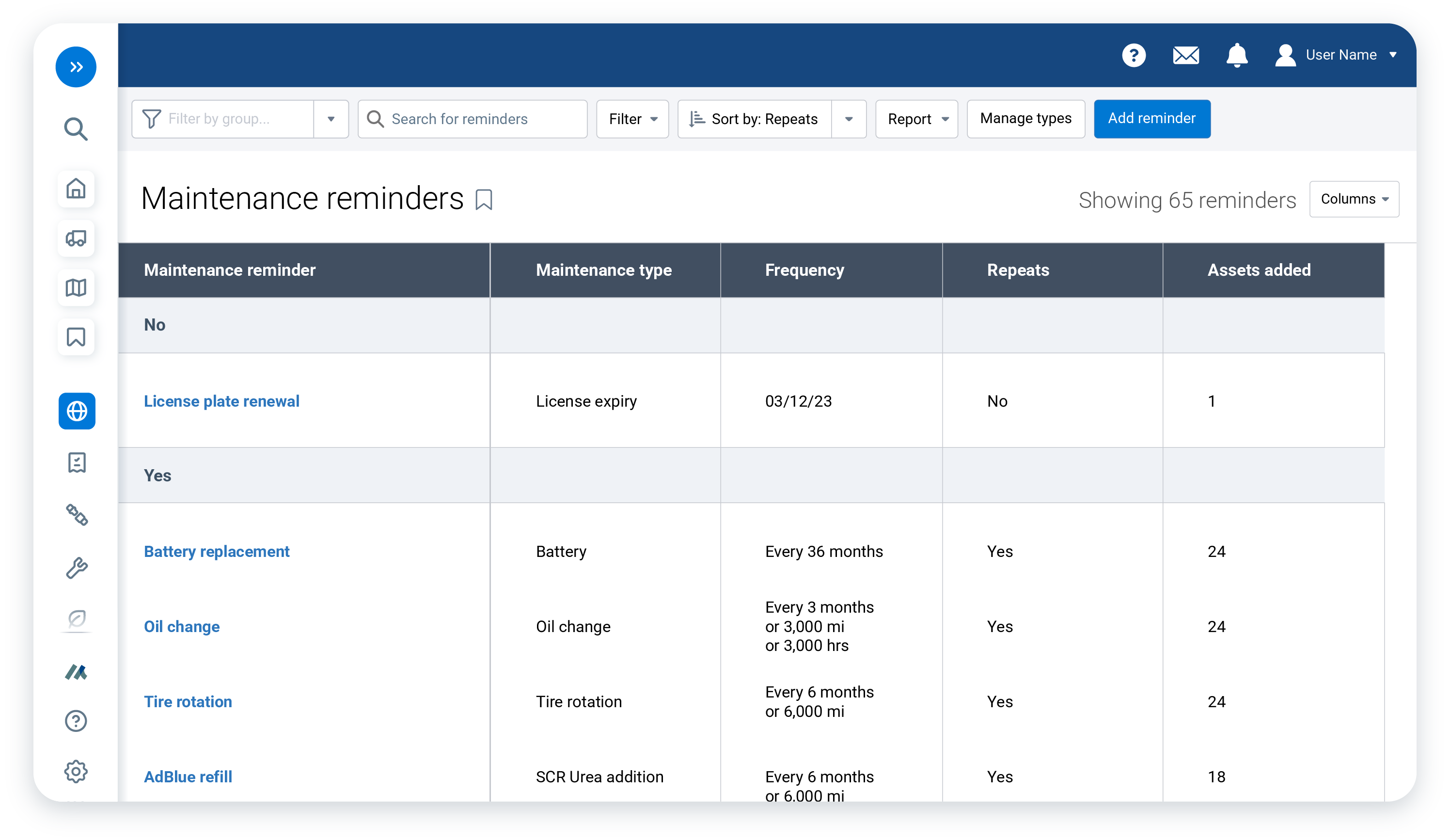Maintenance reminds MyGeotab ui image