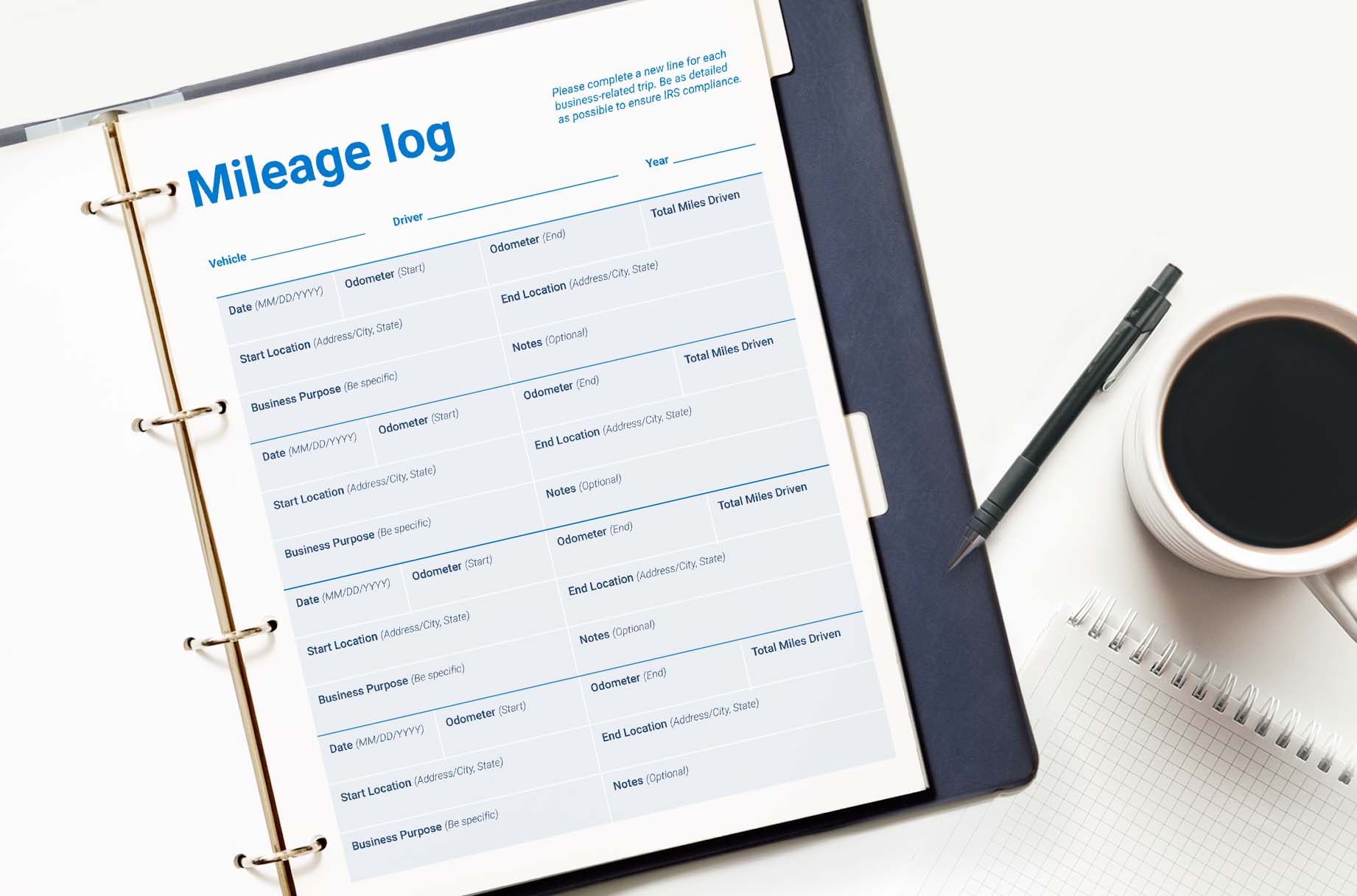 A printable mileage log template mockup for fleet drivers.