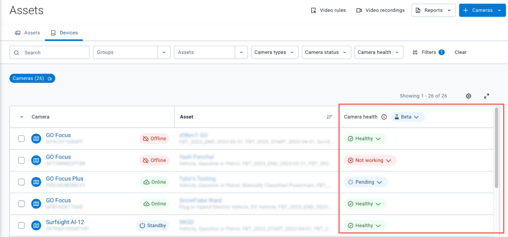 Image showing new camera health statuses 