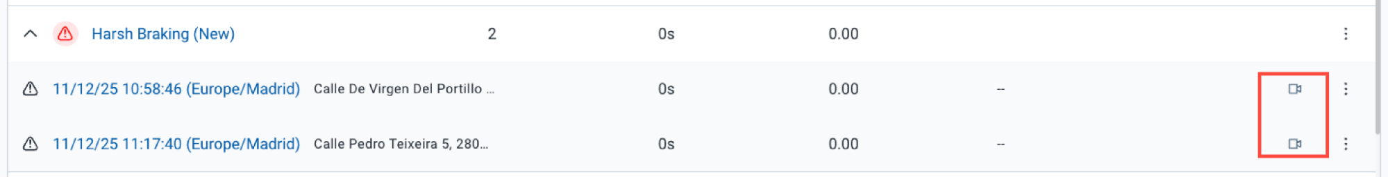 Image showing exceptions that have associated videos attached to them. These are highlighted with the new video icon.