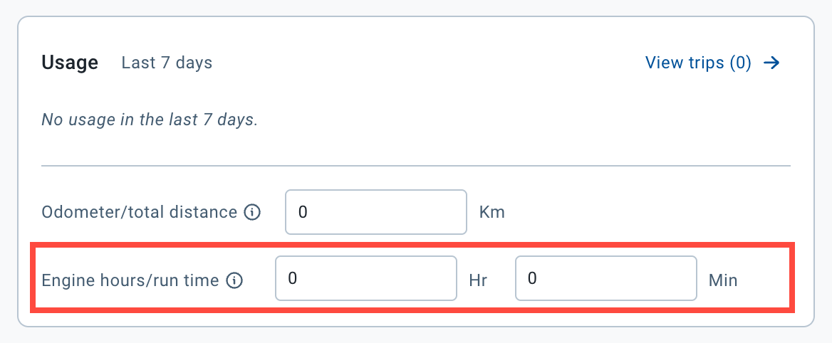 Image showing input field for Engine hours/run time