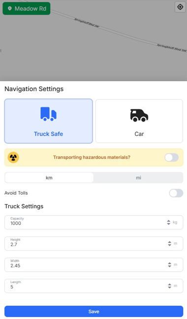Image showing new "Avoid tolls" option and custom truck dimensions