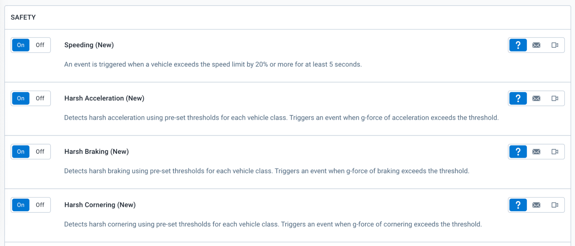 Image showing new Speeding, Harsh Acceleration, Harsh Breaking and Harsh Cornering rules