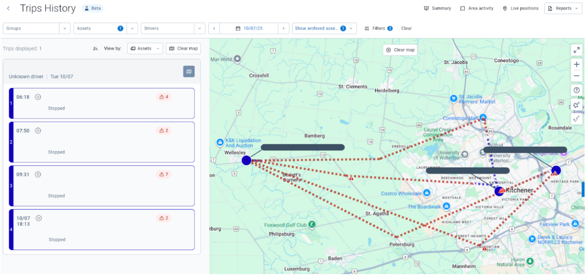 Image showing point-to-point lines between reported locations on the map