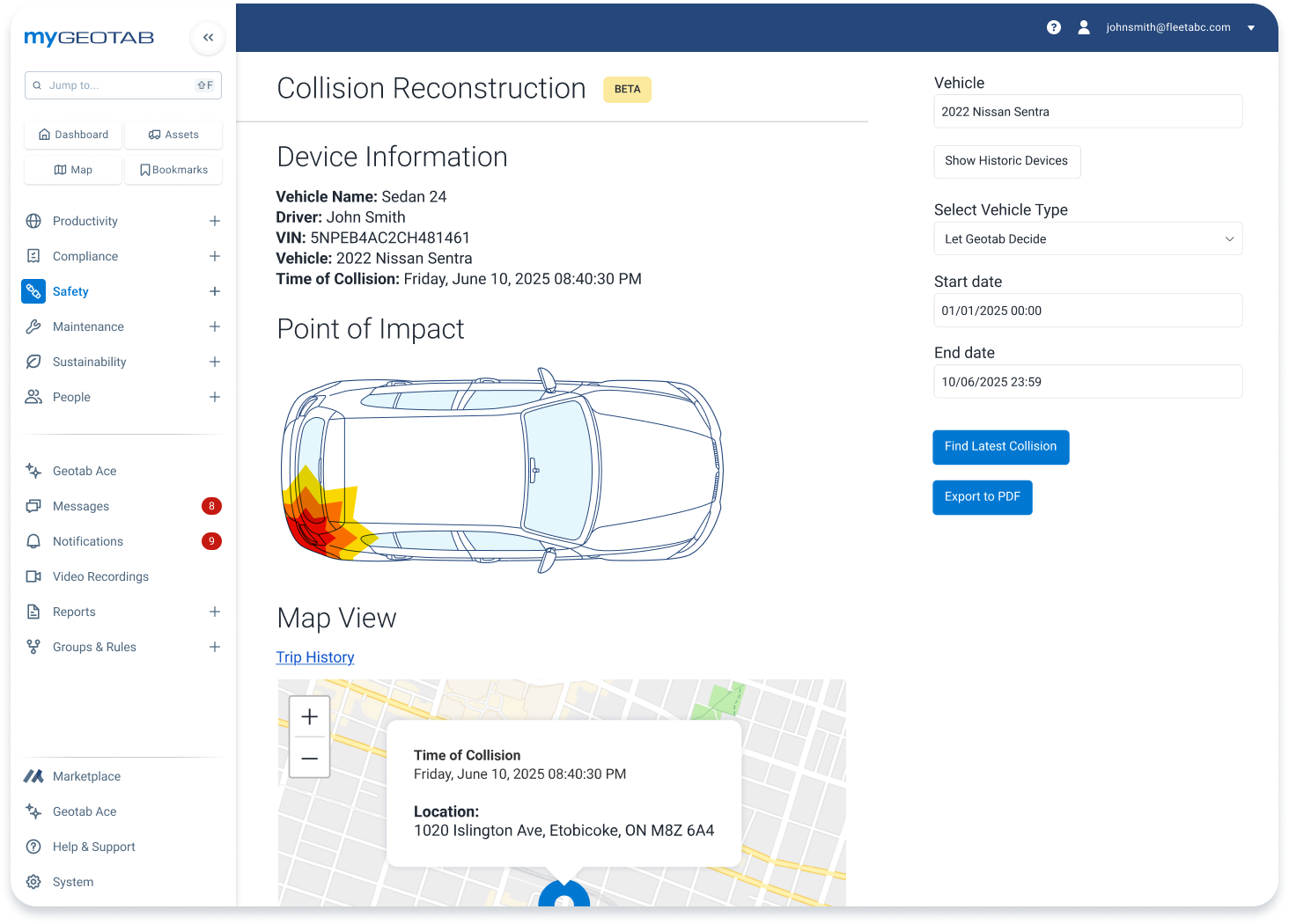 Geotab’s Collision Reconstruction screen, showing point of impact, collision time and location