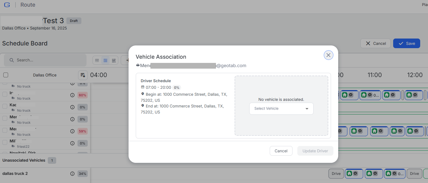 Vehicle association popup