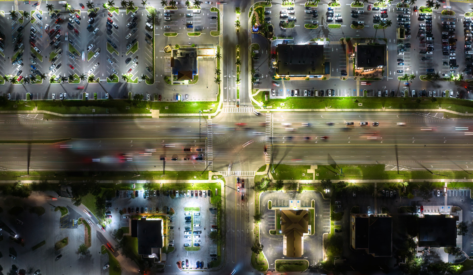 aerial view of intersection at night