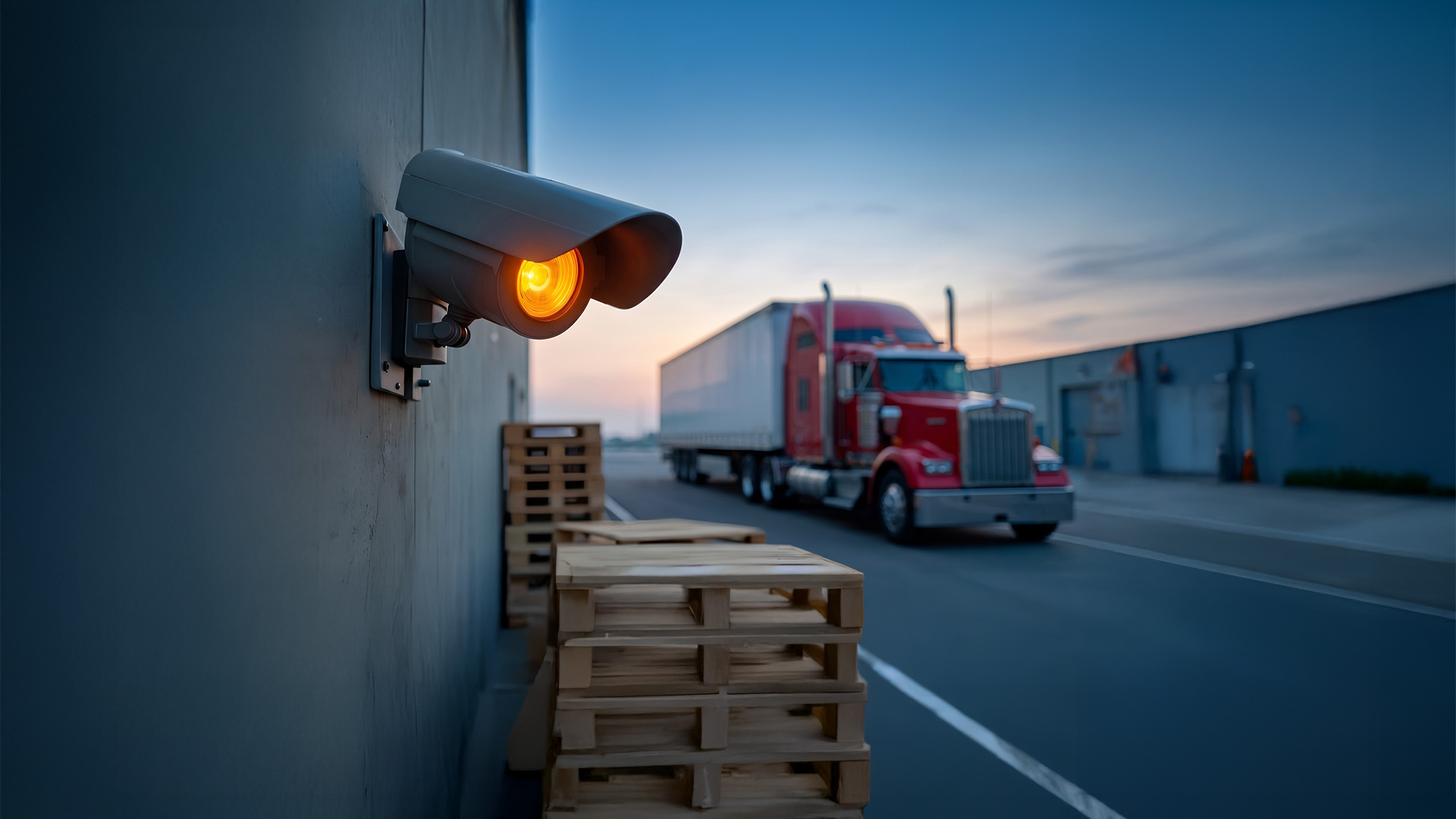 Security camera monitoring a red semi-truck hauling cargo past a warehouse at dusk