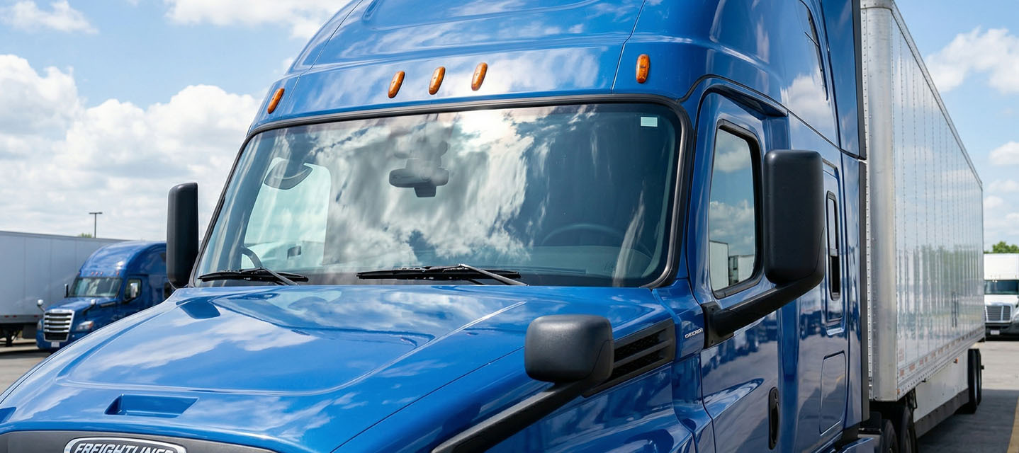 A high-resolution composite image featuring the Geotab GO Focus Plus mounted on a commercial vehicle windshield