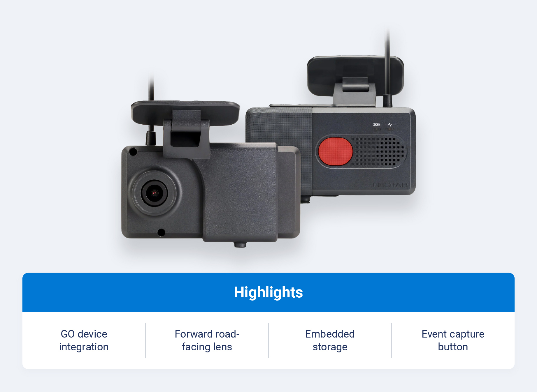 Image of Geotab GO Focus camera with product feature highlights.