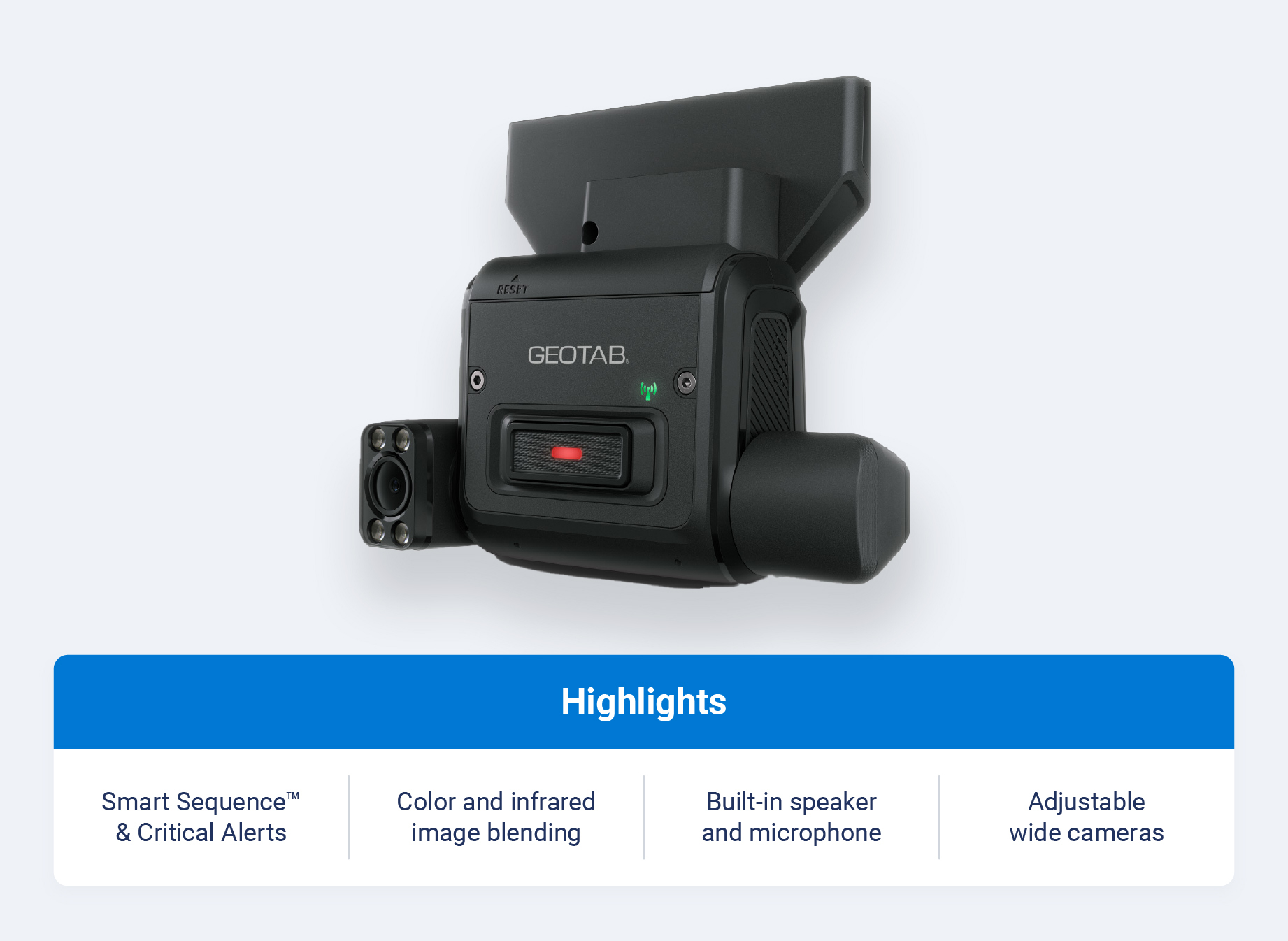 Image of Geotab Go Focus Plus camera with product feature highlights.