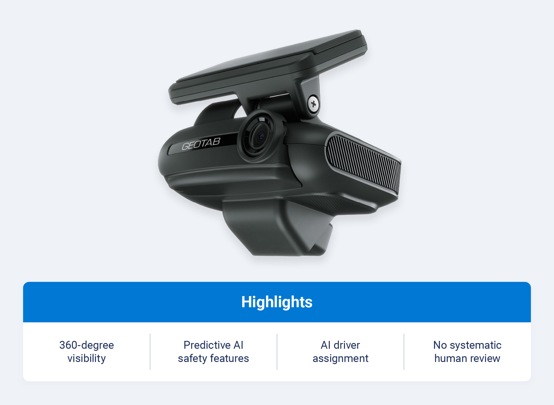Geotab Go Focus Pro camera with product feature highlights. 