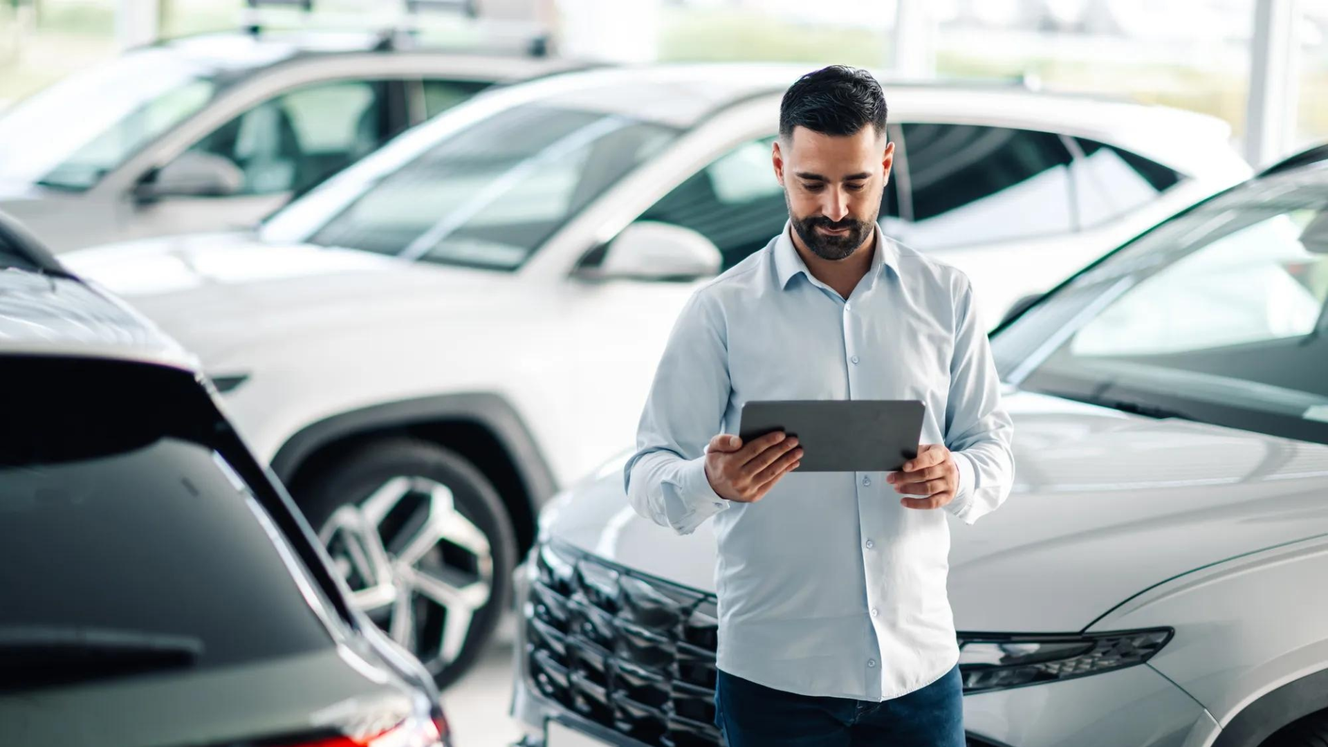 A man in a light blue shirt holds a tablet while standing in a car dealership lot surrounded by white vehicles