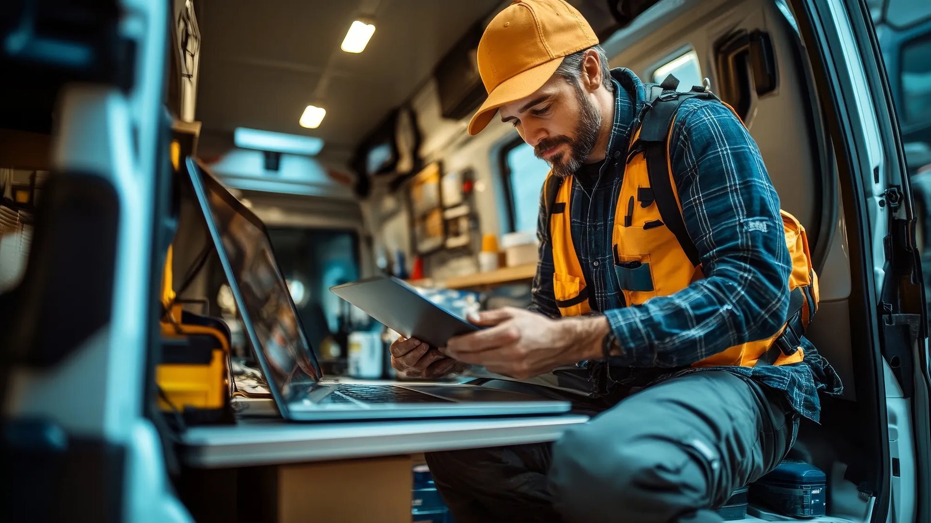 Field service technician reviewing a job on a tablet in the back of a service van.