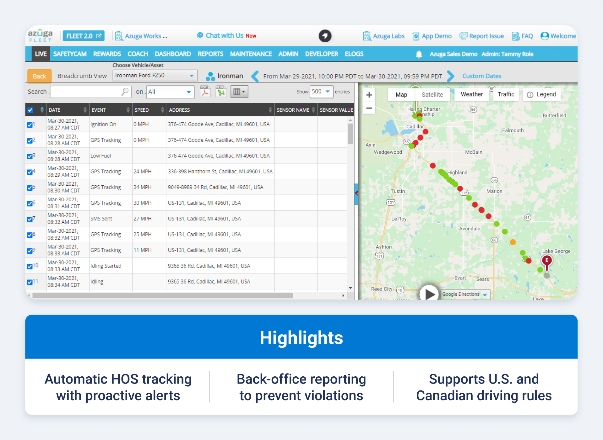 Azuga ELD dashboard and highlights like automatic HOS tracking with proactive alerts, back-office reporting to prevent violations and supports U.S. and Canadian driving rules.