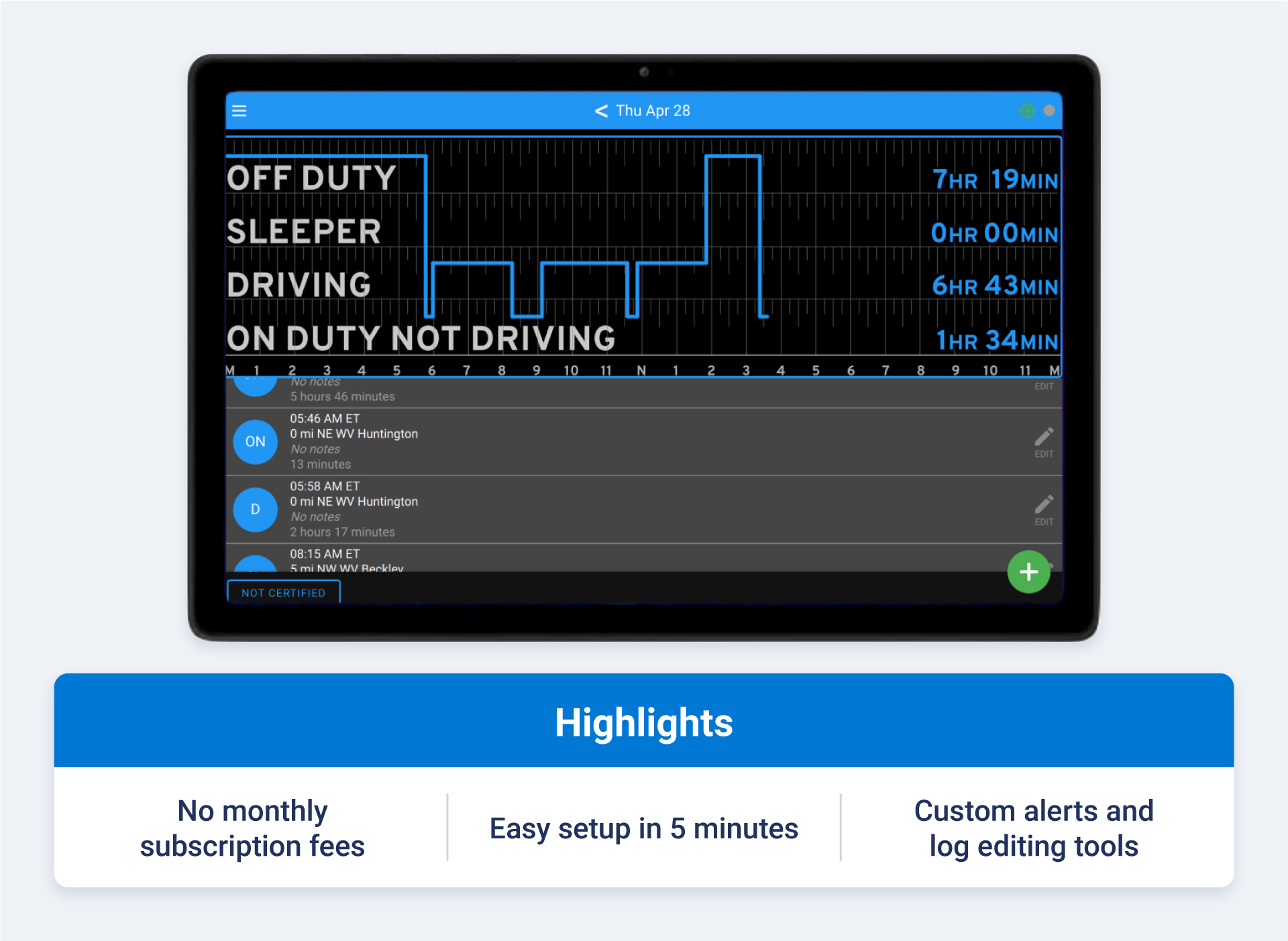 Blue Ink Tech ELD dashboard and highlight callouts like no monthly subscription fees, easy setup in 5 minutes and custom alerts and log editing tools