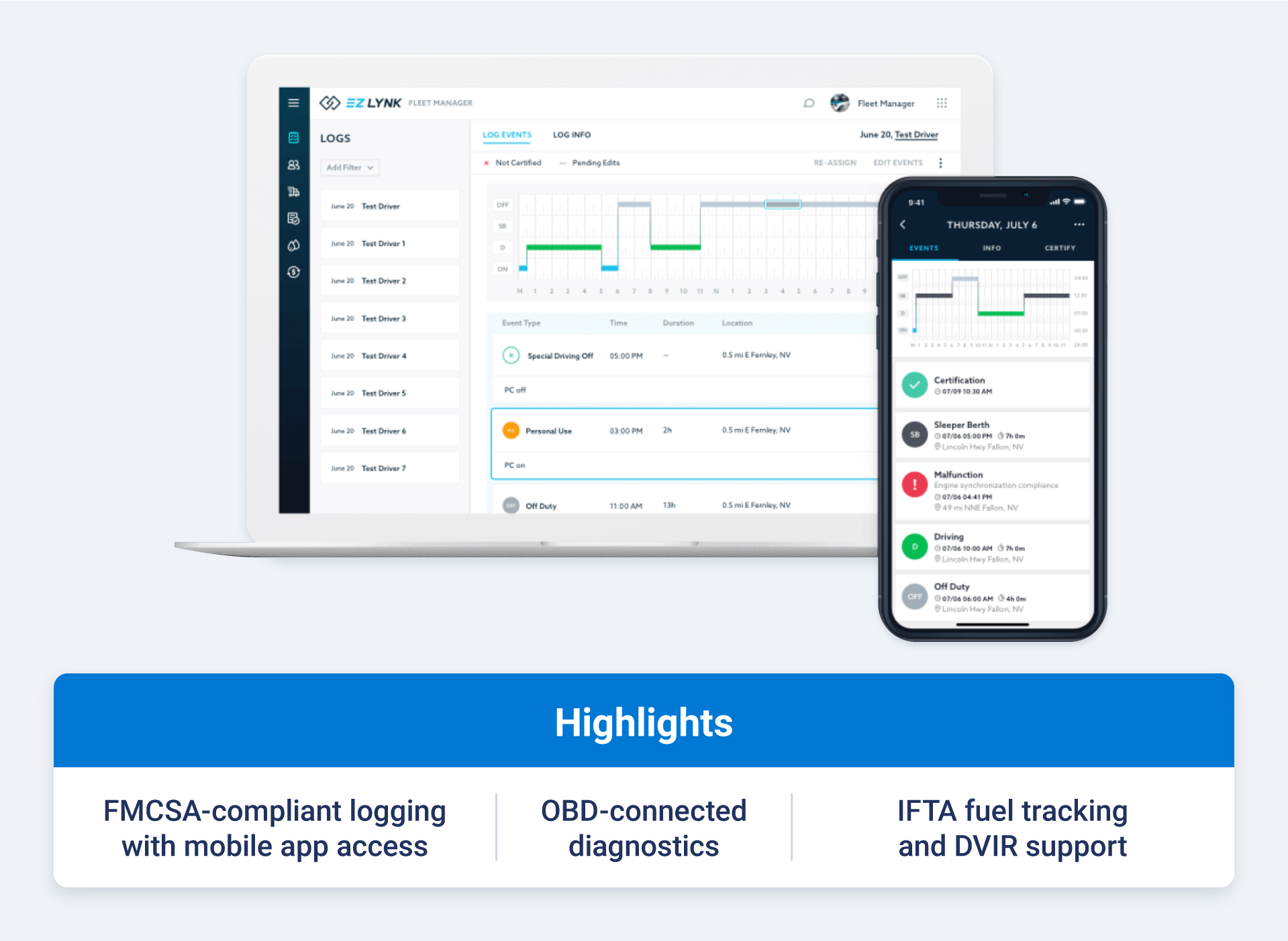 EZ LYNK ELD dashboard and highlight callouts like FMCSA-compliant logging with mobile app access, OBD-connected diagnostics and IFTA fuel tracking and DVIR support