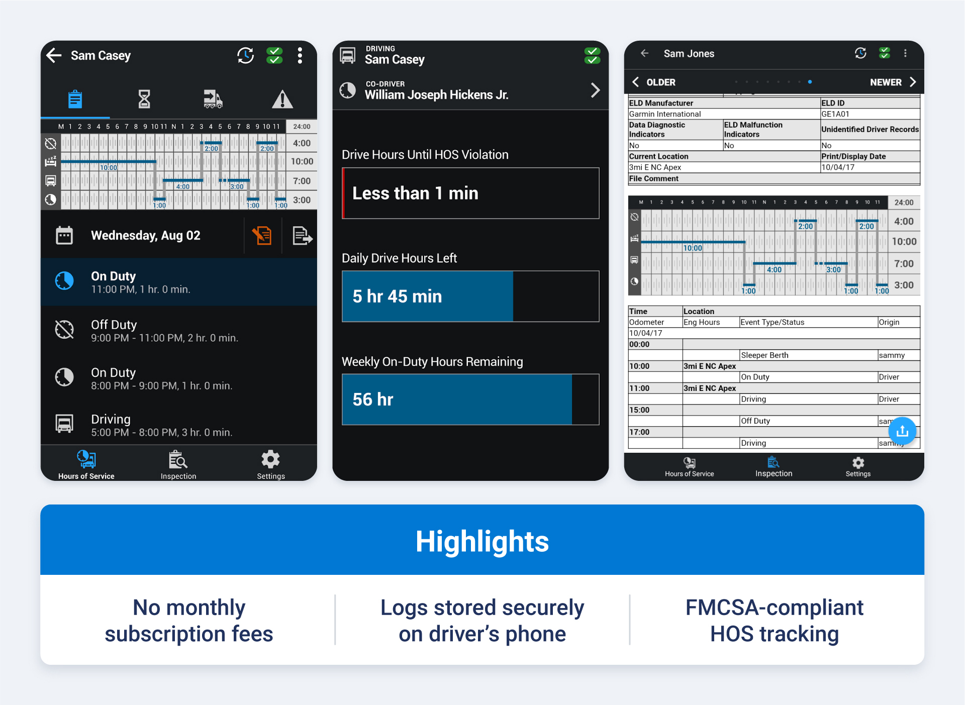 Garmin elog dashboard and highlight callouts like no monthly subscription fees, logs stored securely on driver’s phone and FMCSA-compliant HOS tracking