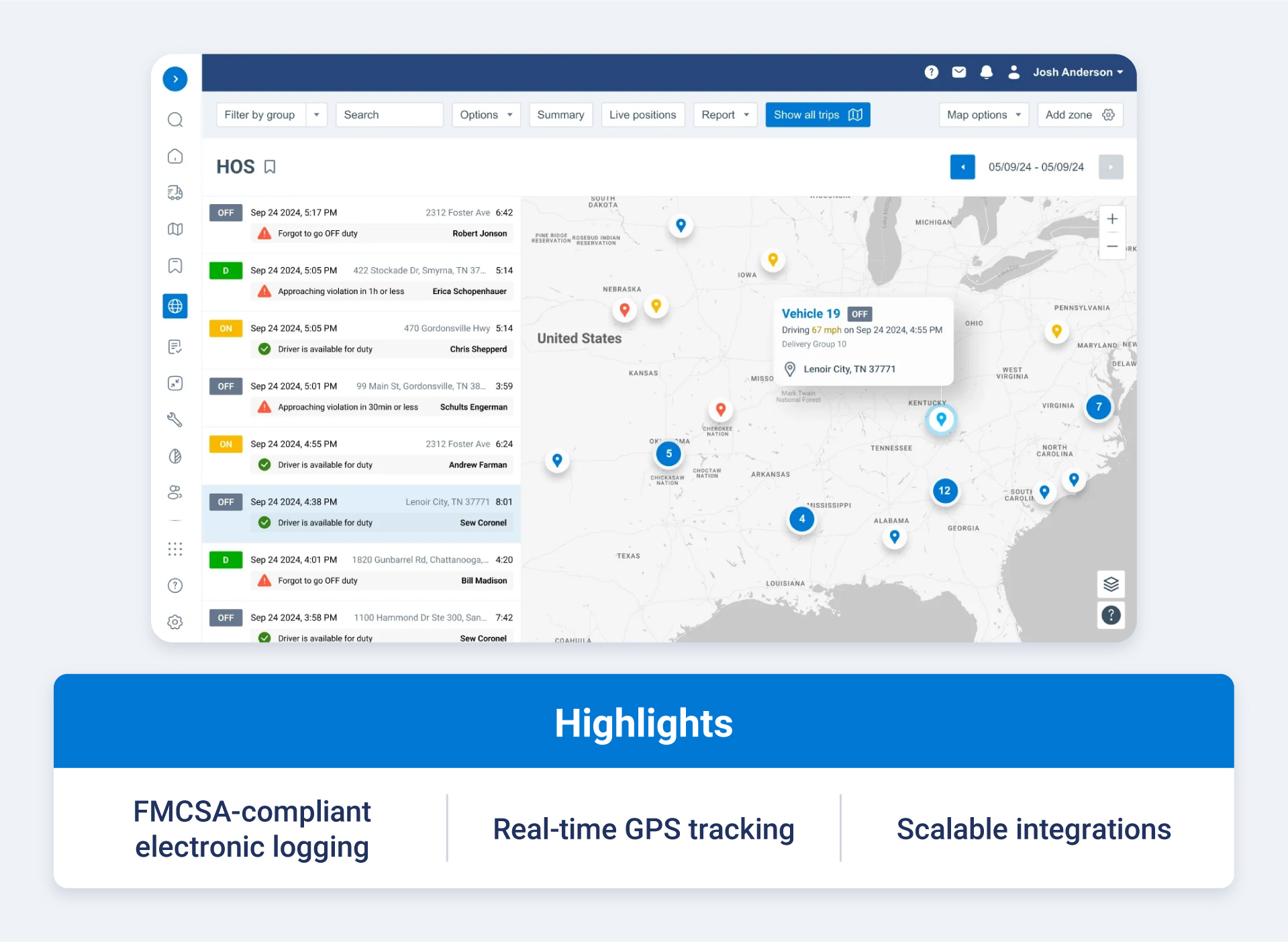 Geotab ELD dashboard with highlights like FMCSA-compliant electronic logging, real-time GPS tracking, scalable integrations